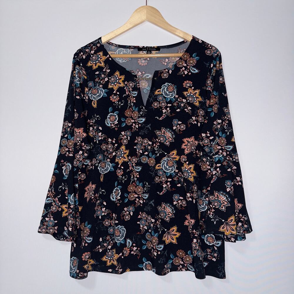 Zac & Rachel Black Floral Bell Sleeve Top women’s size XL
